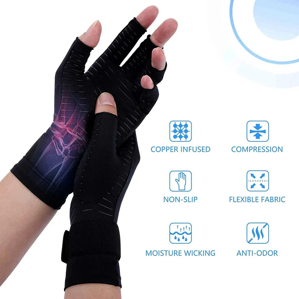 1 Pair Copper Compression Arthritis Gloves Fingerless with Band